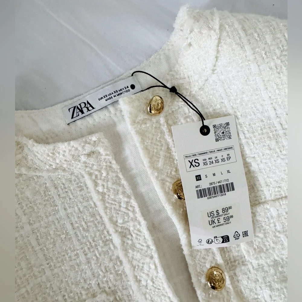 *BRAND NEW* Zara Cream/White Tweed Dress with Gold Buttons XS - Picture 10 of 14